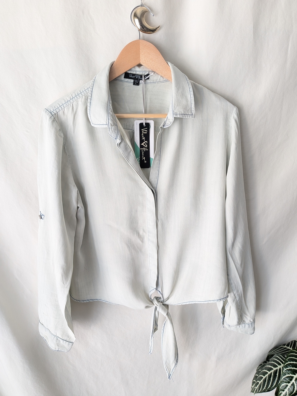 Velvet Heart Tencel Tie Front Chambray Shirt Large NWT